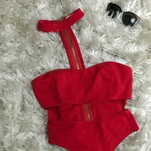 Red cut-out body suit w/ neck detail